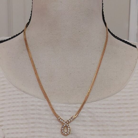 Avon Jewelry - Vintage Avon Rhinestone Embellished Herringbone Chain Necklace Gold Tone